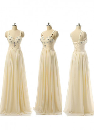 Champagne Chiffon Beads Straps Corset Back Long Bridesmaid Dress 